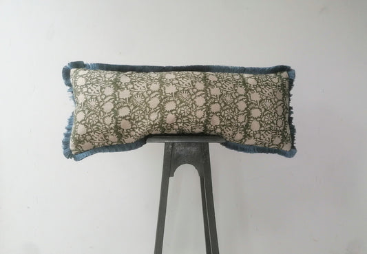 Block Print Pillow – Green Floral Lumbar Cushion With Blue Fringe Trim