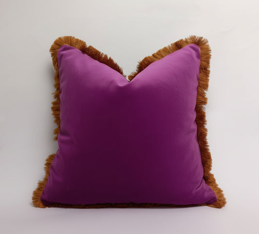 Purple Velvet Pillow - Mustard Fringe Cushion Cover | Soft Velvet Throw Pillow