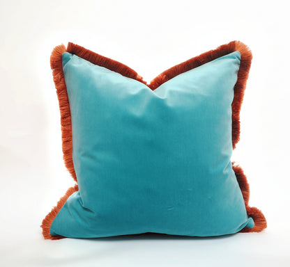 Aqua Coral Fringe Pillow - Velvet Throw Pillow With Coral Fringe Trim, Luxury Cushion Cover