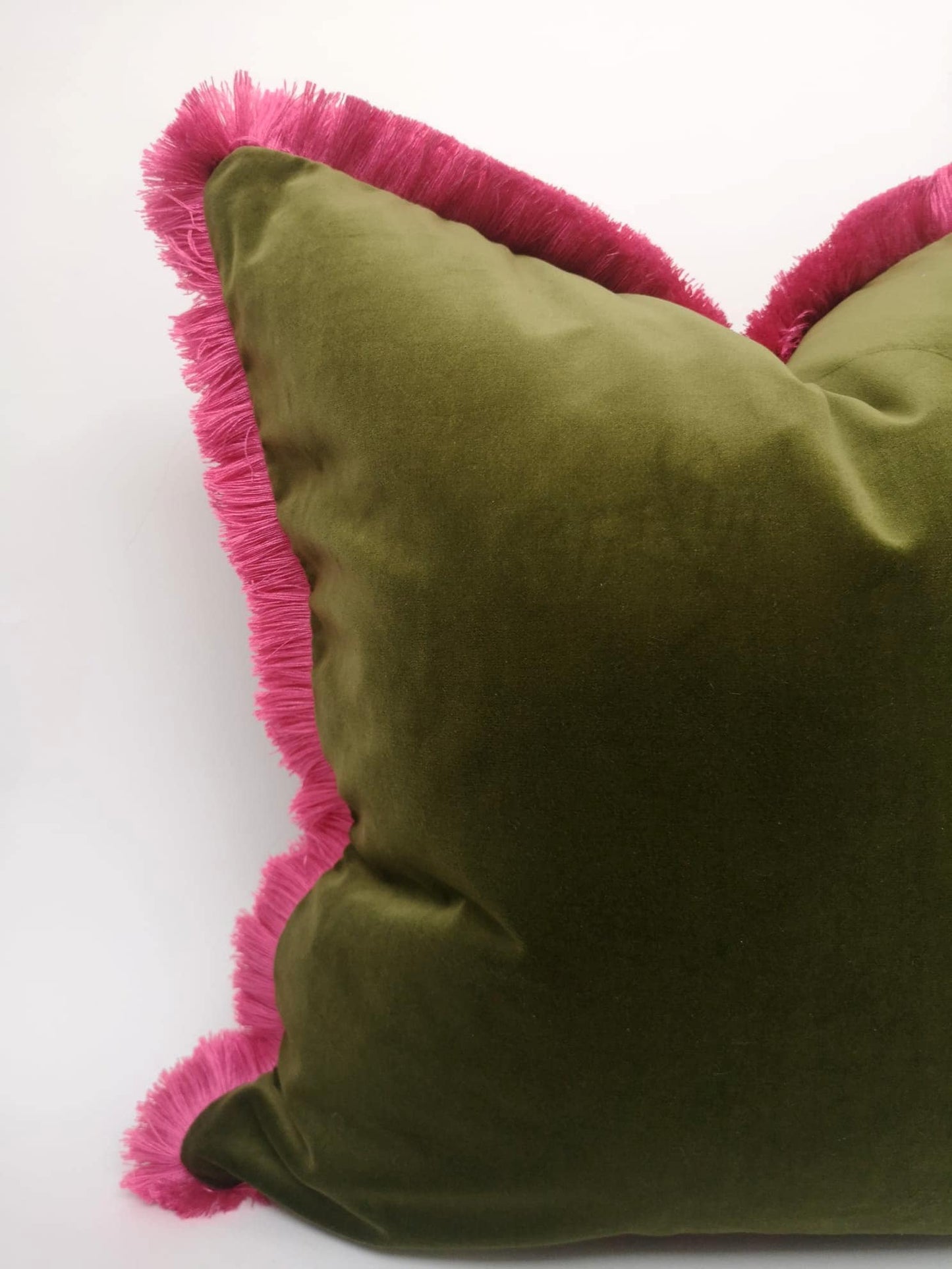 Moss Green Velvet Cushion - Green Velvet Fringe Pillow