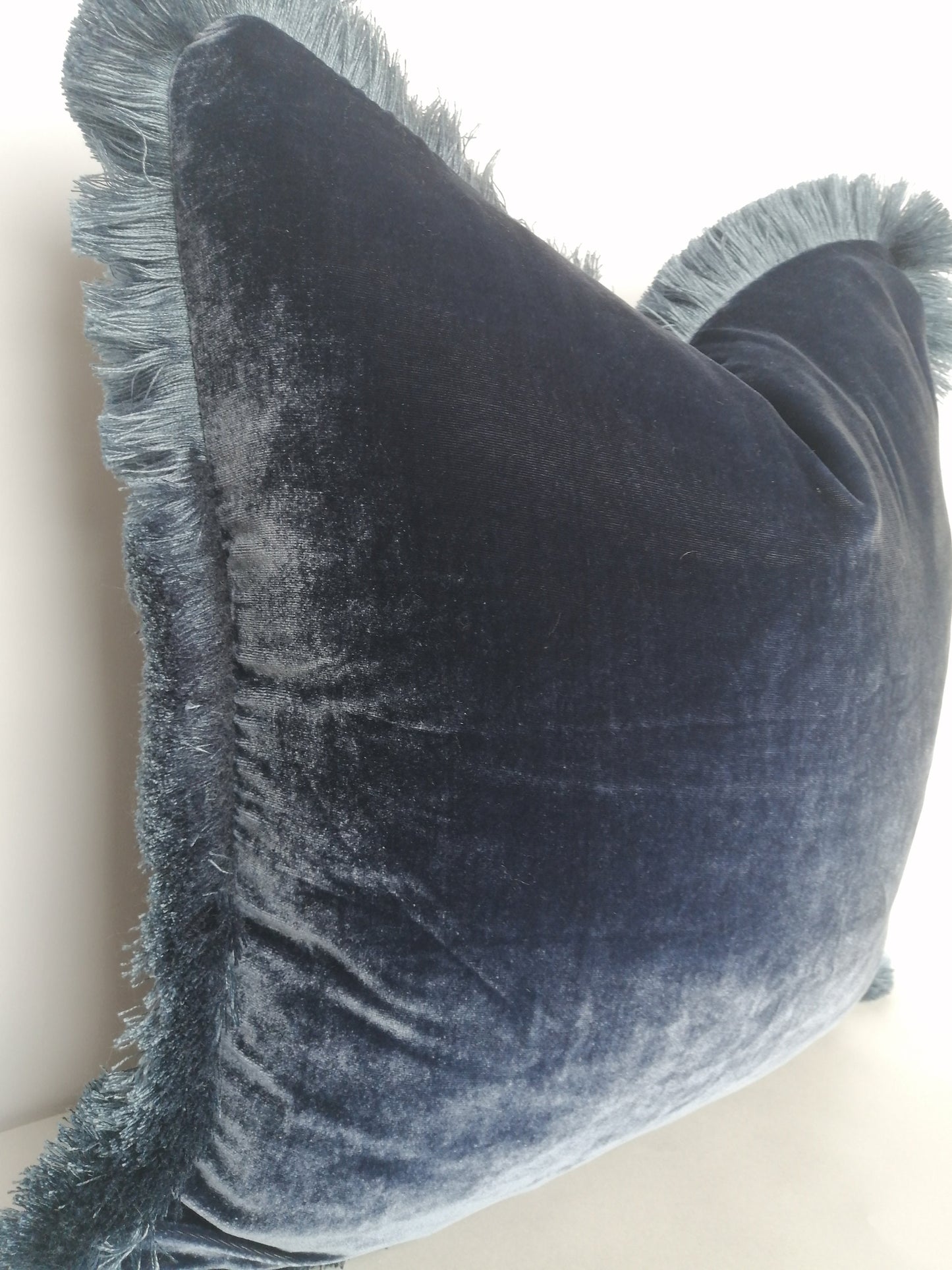 Navy Velvet Pillow, Silk Velvet Cushion, Navy with Dusty Blue Fringe Trim