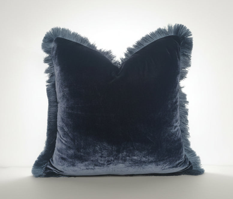 Navy Velvet Pillow, Silk Velvet Cushion, Navy with Dusty Blue Fringe Trim