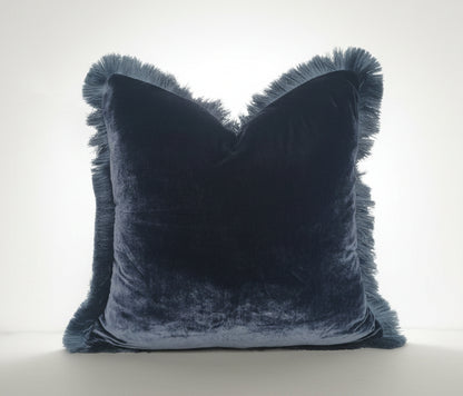Navy Velvet Pillow, Silk Velvet Cushion, Navy with Dusty Blue Fringe Trim