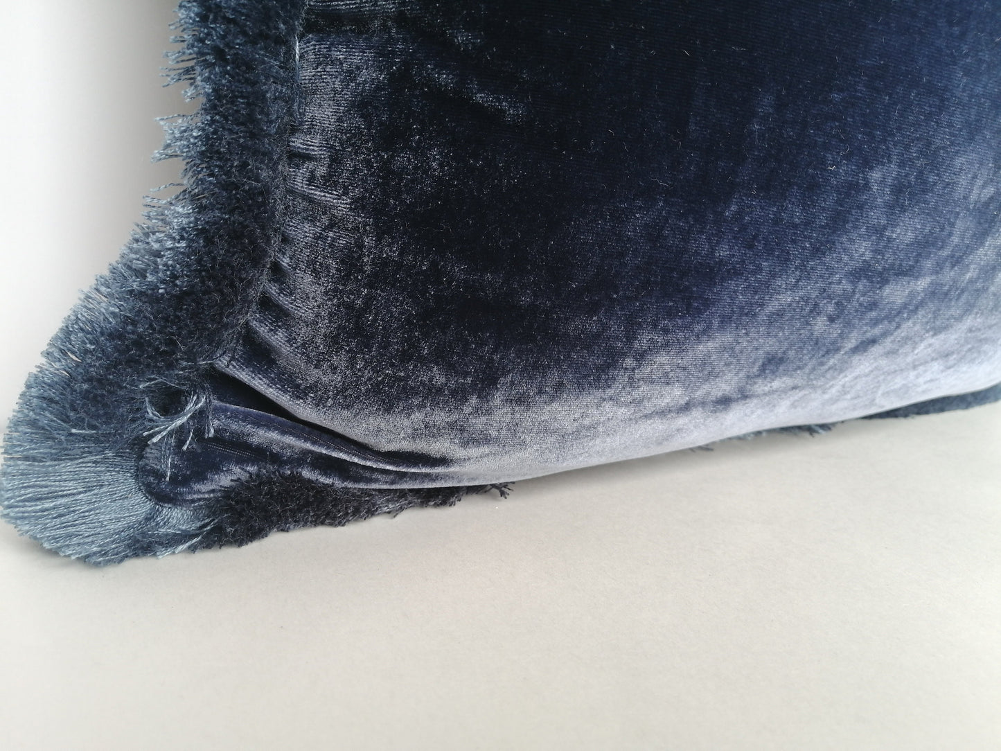 Navy Velvet Pillow, Silk Velvet Cushion, Navy with Dusty Blue Fringe Trim