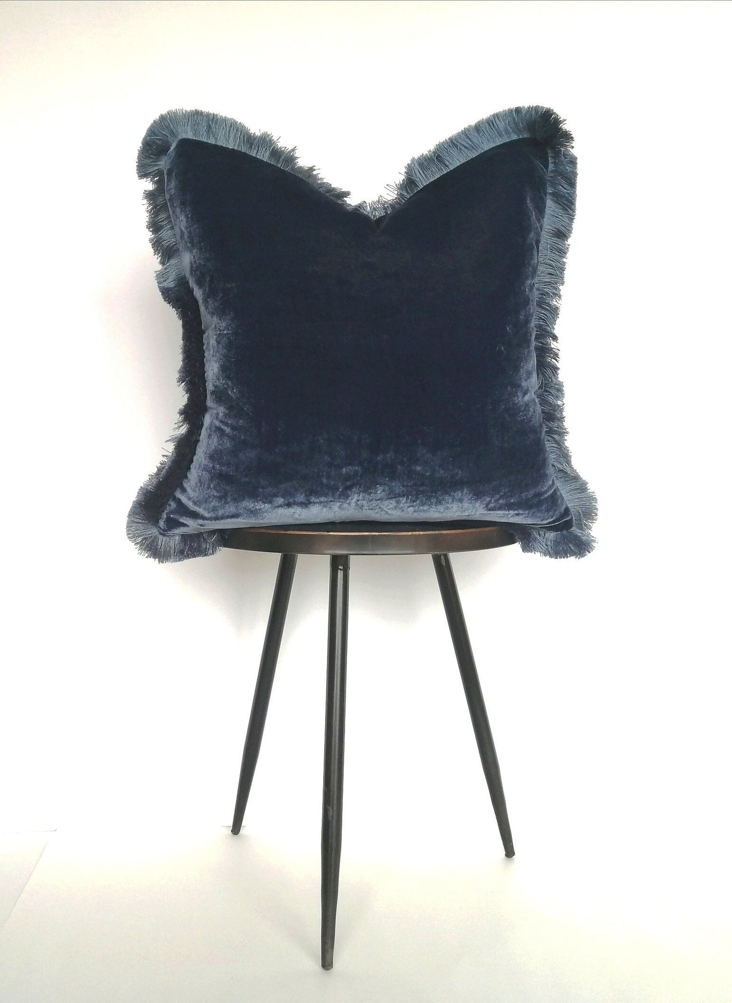 Navy Velvet Pillow, Silk Velvet Cushion, Navy with Dusty Blue Fringe Trim