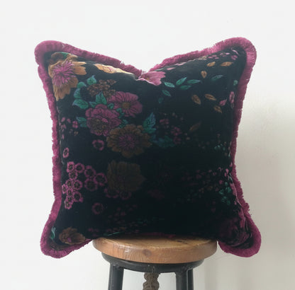 Black floral silk velvet pillow // black silk velvet cushion // floral velvet fringe pillow cushiom