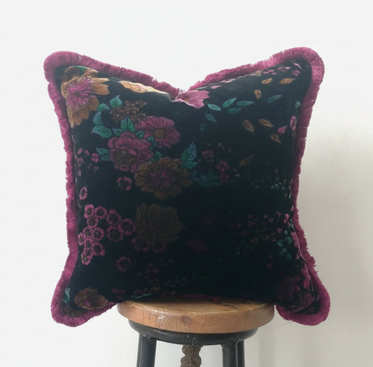Black floral silk velvet pillow - black silk velvet cushion