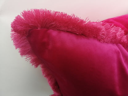 Hot pink velvet fringe pillow // bright pink velvet cushion // pink velvet fringe pillow cushion