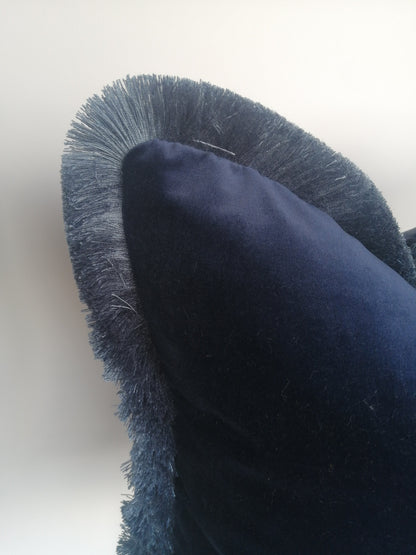 Navy Blue Velvet Throw Pillow - Navy Velvet Fringe Cushion - Midnight Blue Velvet