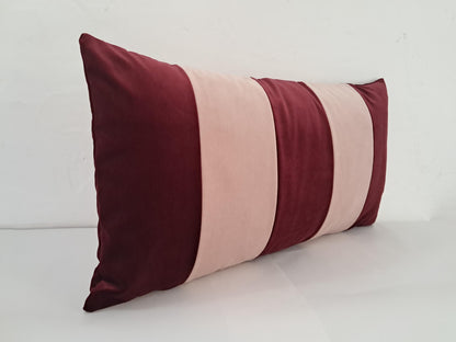 Pink colorblock velvet pillow, striped velvet pillow, two tone velvet cushion