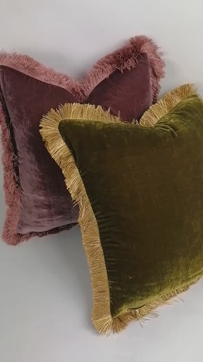 Long Lumbar Pillow, Long Lumbar Velvet Cushion, Chartreuse Green with Gold Fringe Trim
