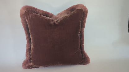 Velvet Pillow Cover, Silk Velvet Cushion, Chocolate Brown with Dusty Pink Fringe Trim