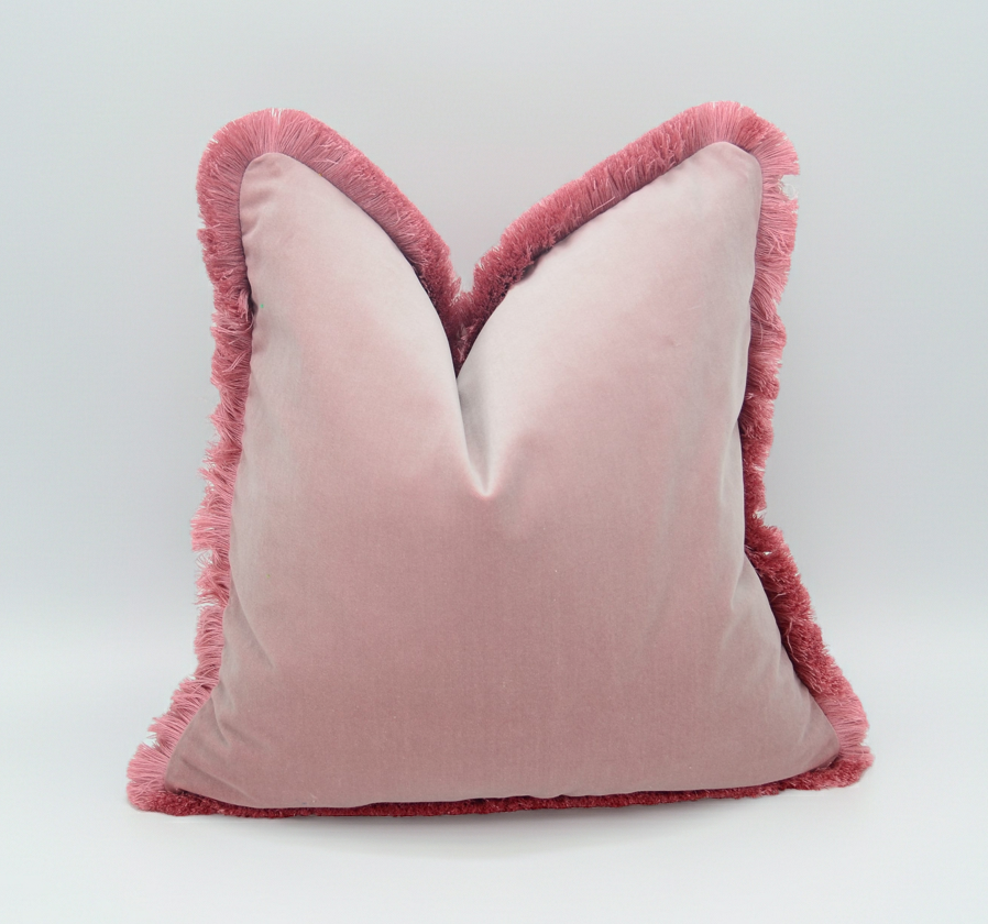 Velvet Throw Pillow, Velvet Fringe Cushion, Blush Pink with Dusty Pink Fringe