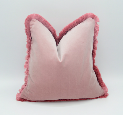 Velvet Throw Pillow, Velvet Fringe Cushion, Blush Pink with Dusty Pink Fringe
